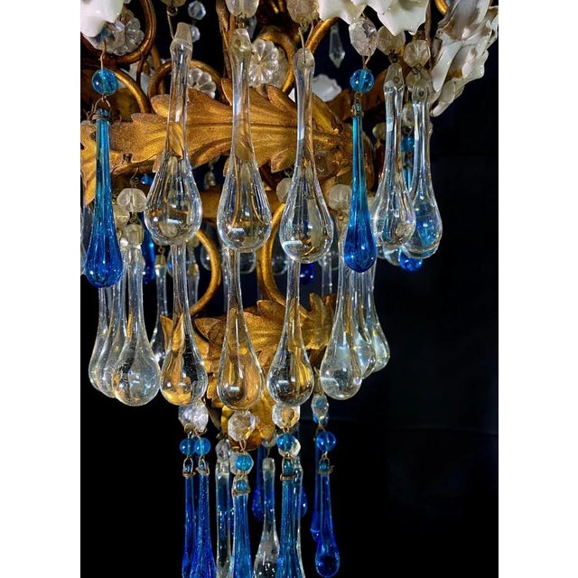 Blue Chandelier with White Roses and Blue Drops, Murano, 1950s For Sale - Image 8 of 18