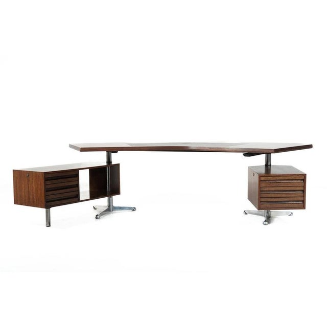 "T96" “Boomerang” Desk by Osvaldo Borsani for Tecno, Italy, 1956 Black Leather Writing Pad Two independant and multi-...