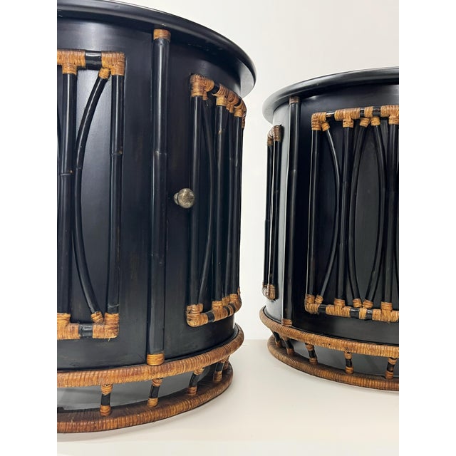 Pair of Oversized Round Bamboo and Rattan Nightstands or Accent Tables For Sale - Image 4 of 12