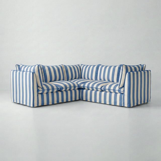 Sophie Conran Coco 3x3 Sectional Sofa - Cornish Blue Stripes with Knife Edge Cushion For Sale - Image 4 of 4