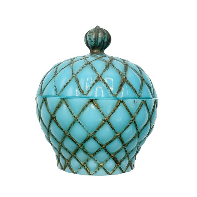 A blue opaline covered dish with an intricate diamond design. French circa 1920.