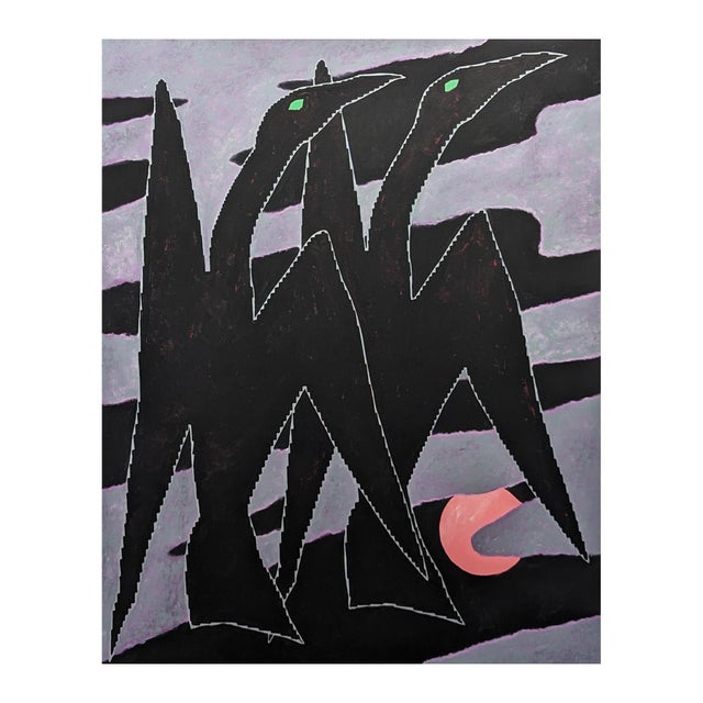 Contemporary abstract painting by local Houston artist Emmanuel Araujo. The work features a pair of birds with green eyes...