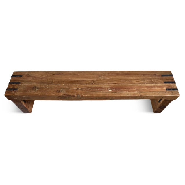 Farmhouse Simple Farmhouse Salvaged Teak Bench W/Iron Details For Sale - Image 3 of 7