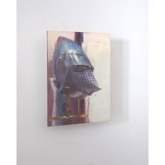 Gothic Swords Out by Elena Burykina | Oil on panel Still life of a medieval helmet and sword For Sale - Image 3 of 5