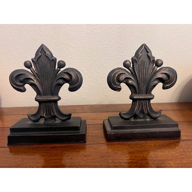 Transitional Pair of Fleur De Lis Bookends For Sale - Image 3 of 7
