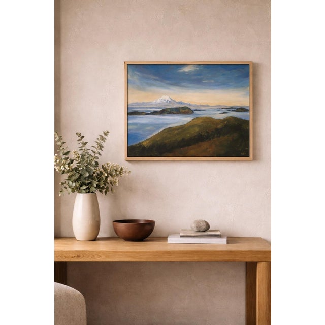 Original acrylic landscape painting depicting Mount Rainier as seen from the summit of Mount Constitution on Orcas Island....