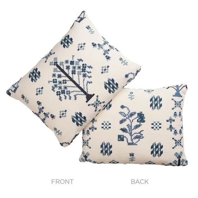 Contemporary Schumacher Fairview Cross Stitch 16" Lumbar Pillow In Indigo For Sale - Image 3 of 4