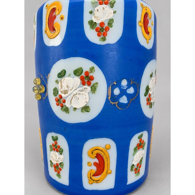 Glass Late 19th-Century Cobalt Blue Opaline Glass Perfume Bottle With Hand-Enameled Florals For Sale - Image 7 of 9