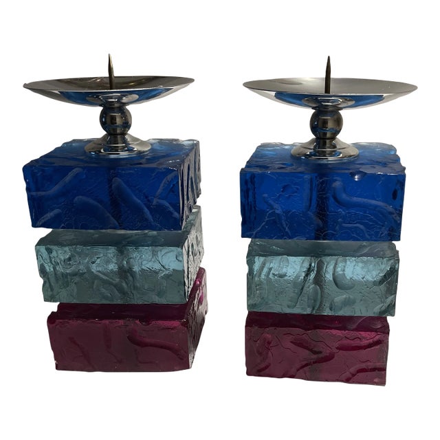 Shlomi Haziza Tri-Color Chunky Lucite Candlesticks With Metal Tops - a Pair For Sale