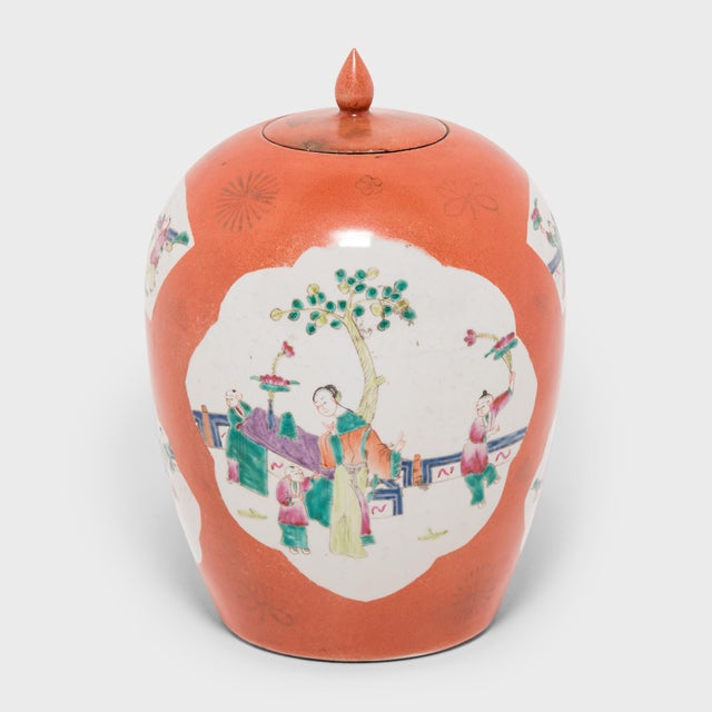 Chinese Chinese Persimmon Ovoid Ginger Jar With Cartouche Paintings, C. 1920 For Sale - Image 3 of 6