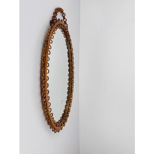 Brown Mid-Century Modern Italian Handcrafted Oval Cane and Bamboo Mirror in the style of Albini, 1960s For Sale - Image 8 of 15