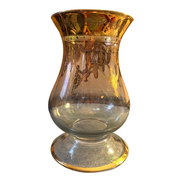 Vintage Same Cristallerie Italian 24k Gold Encrusted Footed Vase For Sale