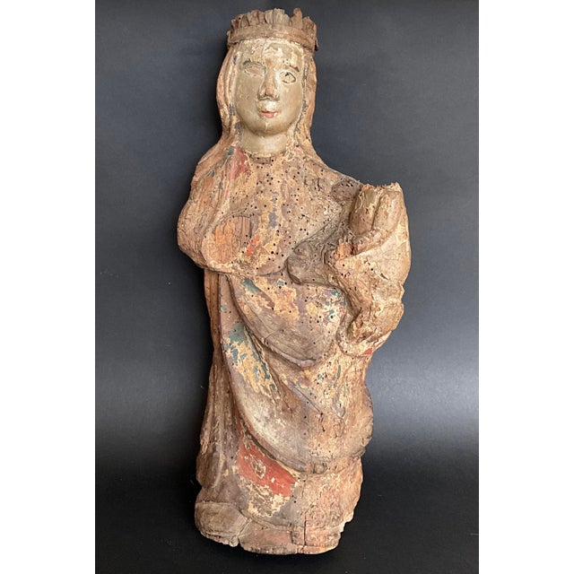 Rare late medieval polychromed wooden Virgin and Child sculpture, likely Catalan or Pyrenean work dating from the late...