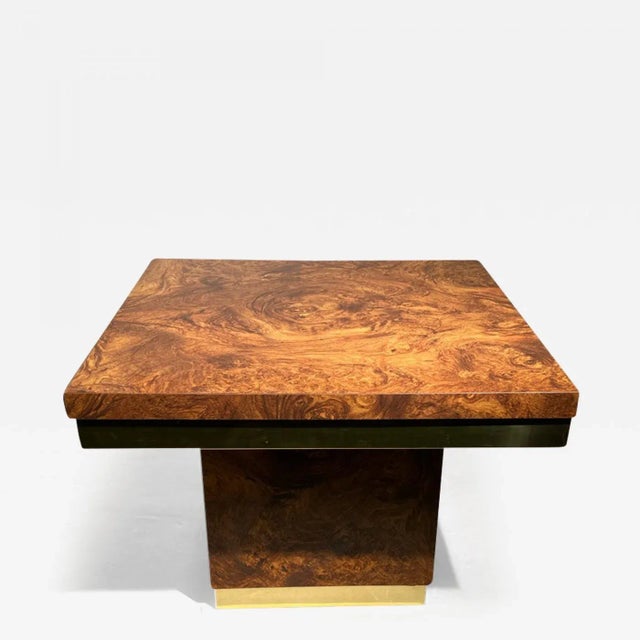 1970s Modern Burlwood Laminate & Brass Side Tables - A Pair For Sale - Image 9 of 10