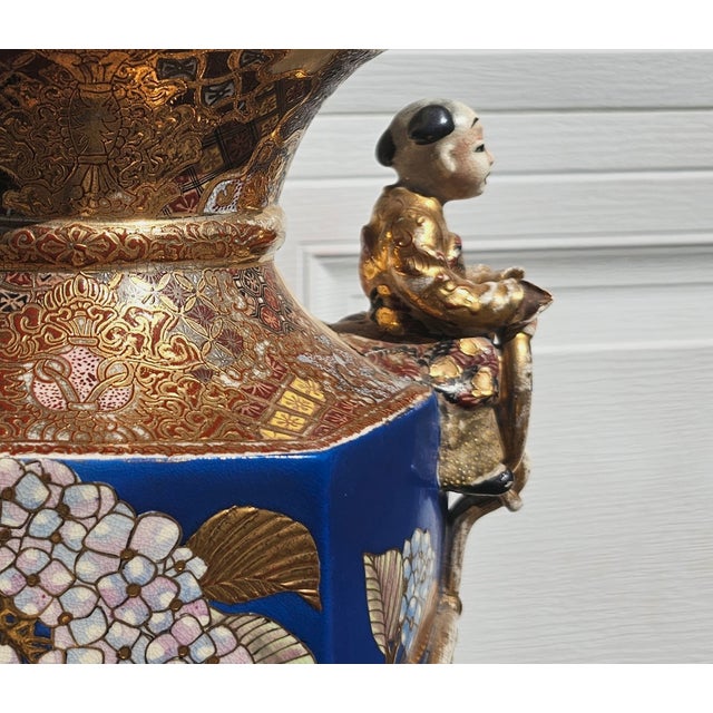 Ceramic Antique Pair of Japanese Satsuma Ware Large Floor Vases W Stands For Sale - Image 7 of 11