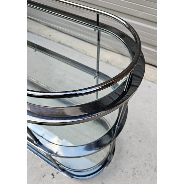 Late 20th Century Vintage 1992 Three Glass Tier Bar Cart in Nickel by Dia (Design Institute of America) For Sale - Image 5 of 7