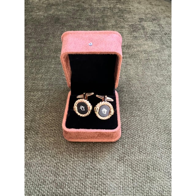 Art Deco Rare Gold Plated & Onyx Vintage Art Deco Christian Dior Cufflinks In Lux Case For Sale - Image 3 of 9
