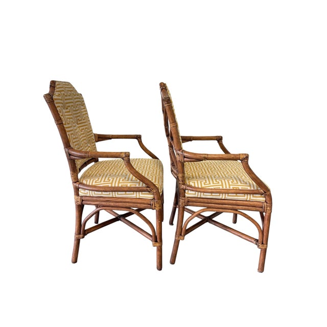 Palecek Palecek Pavilion Rattan Armchairs, Pair, Custom Greek Key Fabric, Hollywood Regency Style For Sale - Image 4 of 12