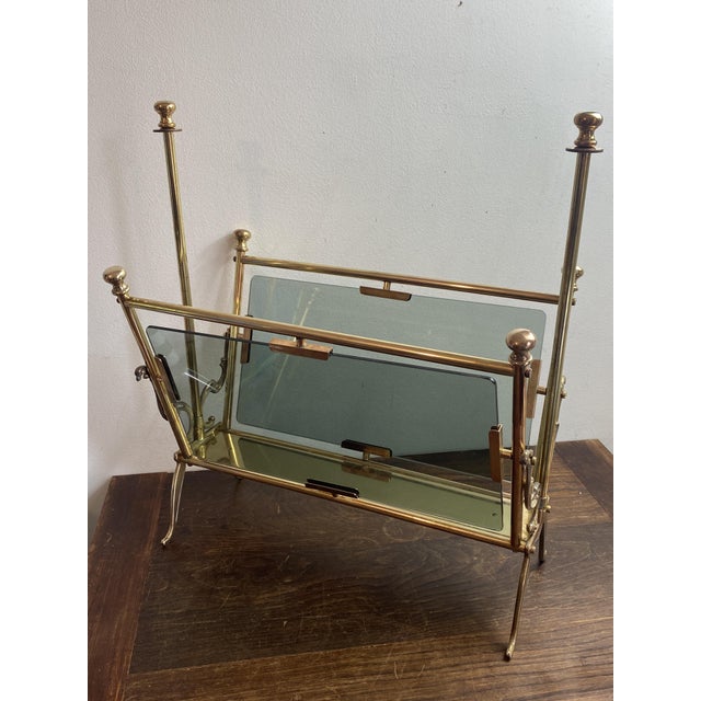Neoclassical Magazine Rack in Brass and Bluish Glass, 1950s For Sale - Image 14 of 14