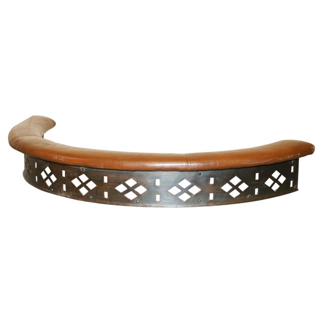 Antique Victorian Demi Lune Brown Leather Club Fender with Pierced Metal, 1880s For Sale