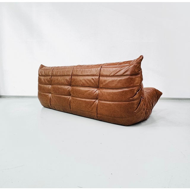French Togo Three-Seater Sofa in Cognac Cow Leather by Michel Ducaroy for Ligne Roset For Sale - Image 11 of 15
