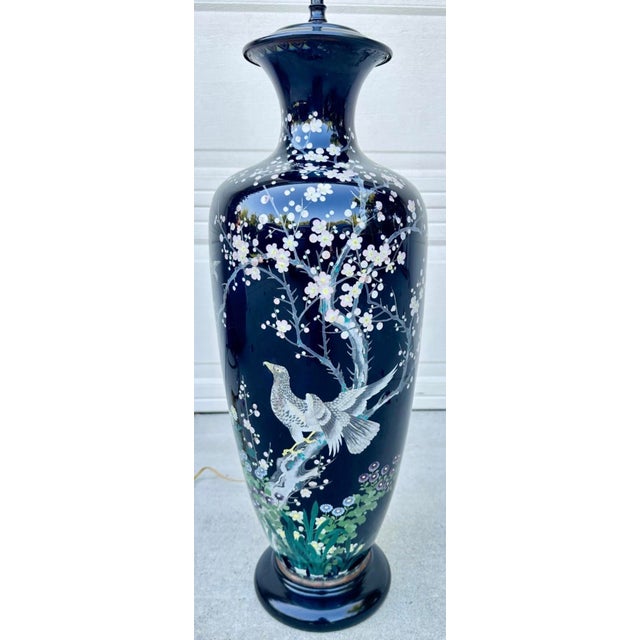 Late 19th Century Huge Meiji Japanese Cloisonné Black Ground Bird & Blossom Tall Table Lamp 40" For Sale - Image 11 of 18