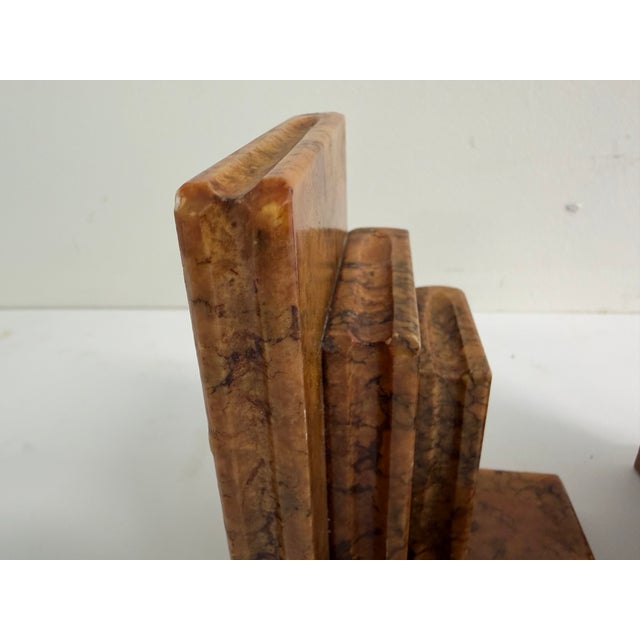 Copper Vintage Italian Alabaster Bookends – Art Deco Style Brown Veined Stone Pair For Sale - Image 8 of 14