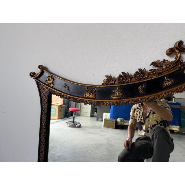 Vintage Palm Beach Chinoiserie Pagoda Overmantel Wall Mirror With Gilt & Black Lacquer Frame Description For Sale - Image 10 of 13