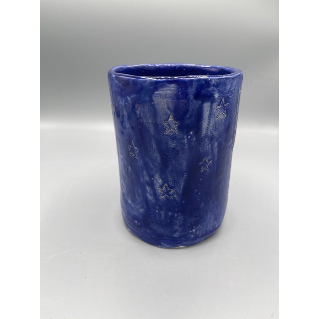 1996 Signed Studio Pottery Cobalt Blue Religious Symbolic Vessel For Sale - Image 4 of 7