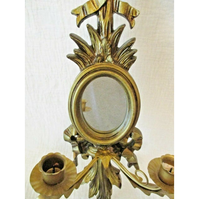 1960s 1960s Vintage Italian Giltwood Bow Top Botanical Decor Mirror Two Candle Wall Sconce For Sale - Image 5 of 11