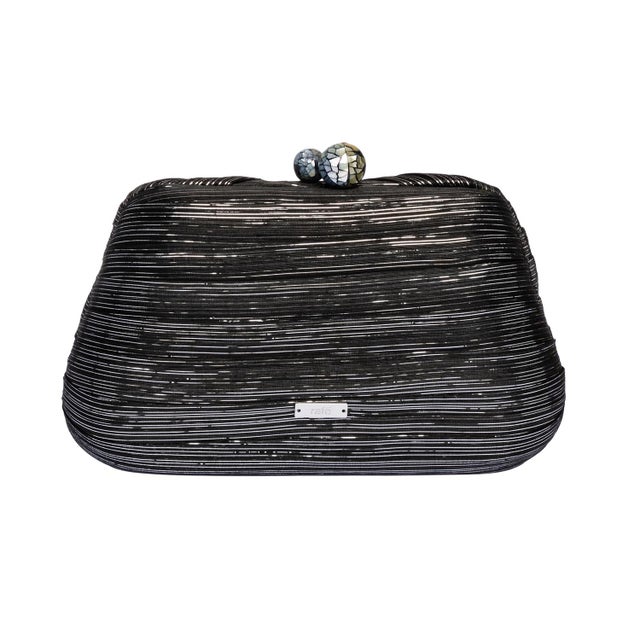Clutch in black abaca / silver lurex with draped front and silk tassel. Shell inlay closure, fully lined with drop in...