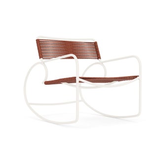 Brown Jordan Walter Lamb Rocking Chair in Chalk with Spice Strapping For Sale