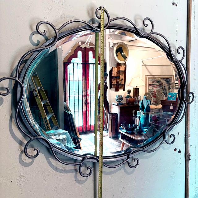 Wood Vintage Wrought Iron Scrollwork Oval Wall Mirror For Sale - Image 7 of 11