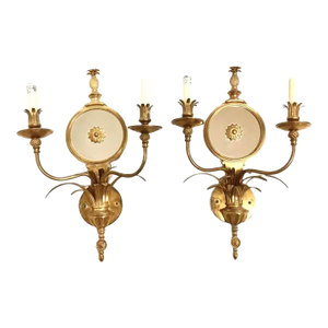 Pair of Gilt Bronze Pineapple Wall Sconces With Mirrors