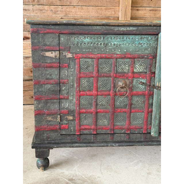 Early 20th Century-Anglo-Indian Painted Wood Cabinet With Iron Accents and Original Patina For Sale - Image 4 of 12