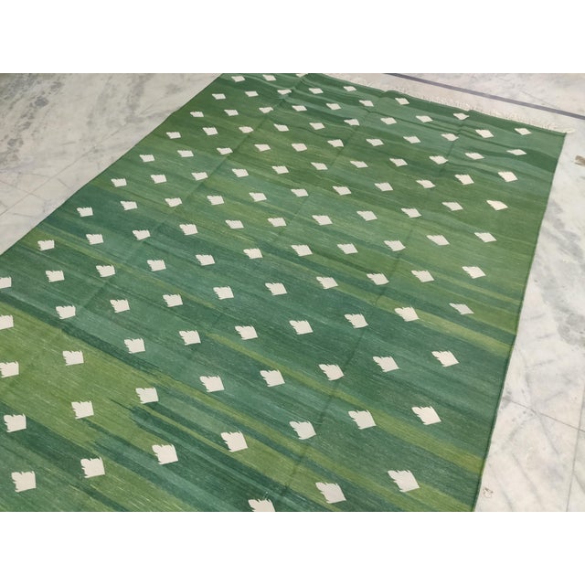 Green Handmade Cotton Fleur Rug, Forest Green and White Dhurrie - 14'x16' For Sale - Image 8 of 16