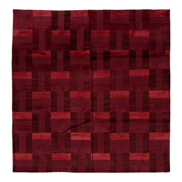 Modern Tibetan Hand-Knotted Wool and Silk Rug in Burgundy Basketweave Pattern For Sale