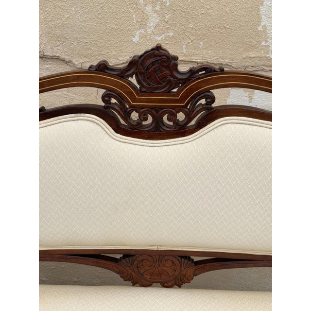 Antique Victorian Carved Mahogany Inlaid Parlor Set Sofa and 4 Chairs - 5 PCS For Sale - Image 4 of 18
