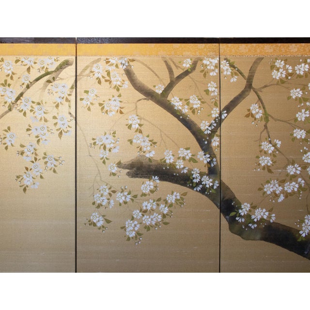 Goldenrod 1950-1960s Shōwa Era Japanese Painted Silk Byobu Screen "Blossoming Sakura" For Sale - Image 8 of 18