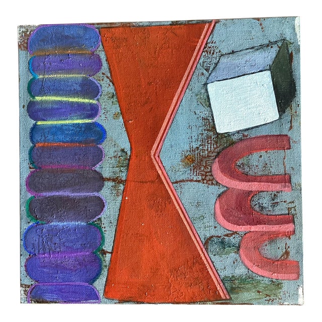 Abstract Geometric Painting Orange Blue Mid Century Modern Wall Art 8x8 For Sale