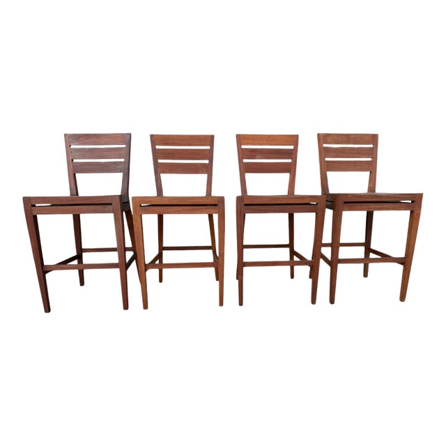 Vintage Brown Jordan Solid Teak Slat-Back Outdoor Barstools - Set of 4 For Sale