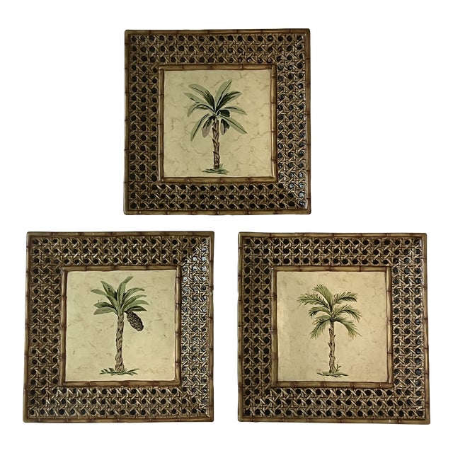 Vintage Palm Beach Regency Palm Tree Hand-Painted Decorative Plates - Set of 3 For Sale