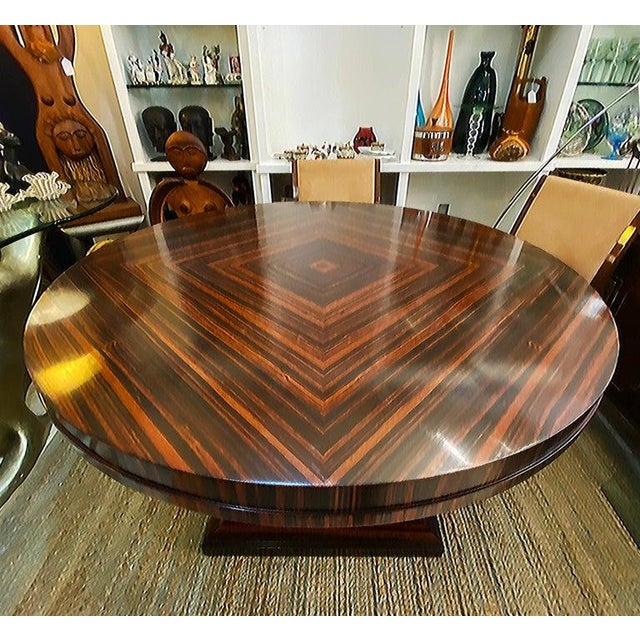 Late 20th Century Art Deco Macassar Ebony Round Dining Center Table, Beautifully Veneered Wood For Sale - Image 9 of 9