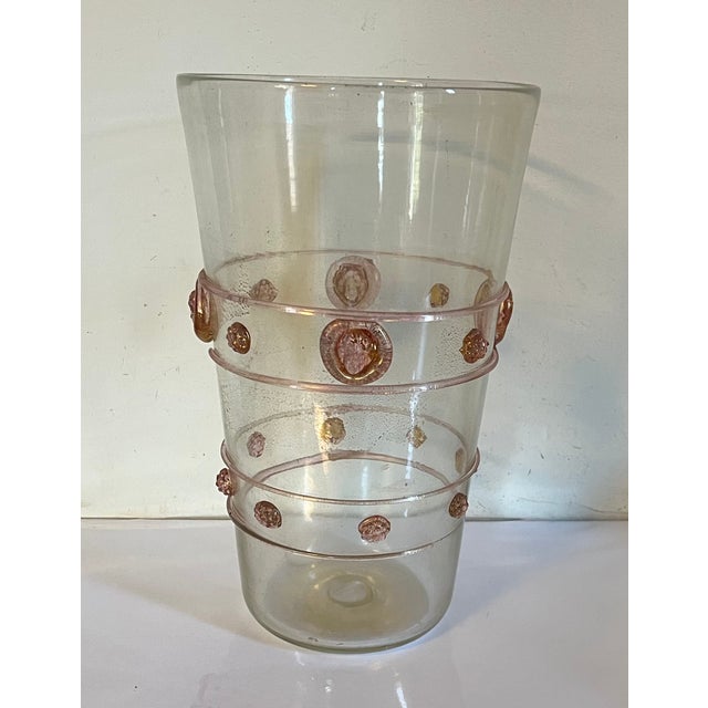 Early 20th Century Antique Tall Venetian Glass Vase With Applied Pink Masks and Gold Flecks. For Sale - Image 5 of 12