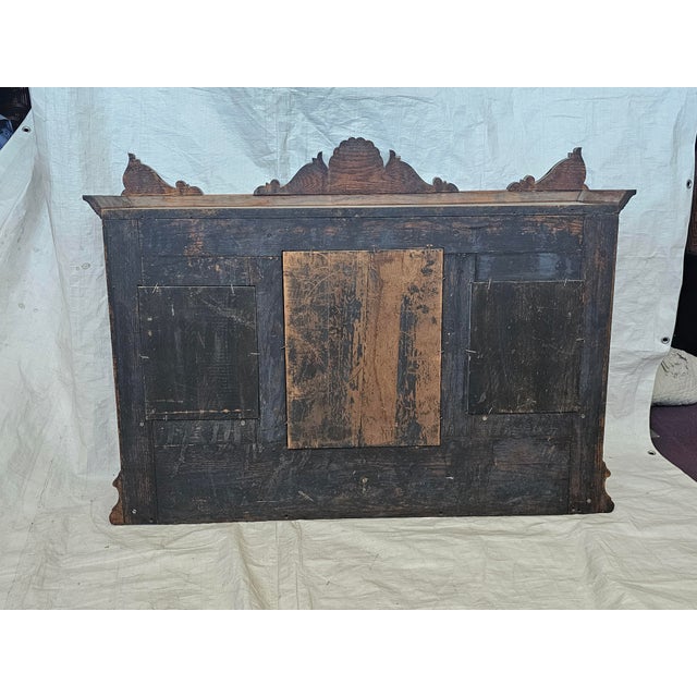 Antique 1890s Tiger Oak Over Mantel With Bowed Glass Cabinet & Beveled Mirrors For Sale - Image 17 of 17