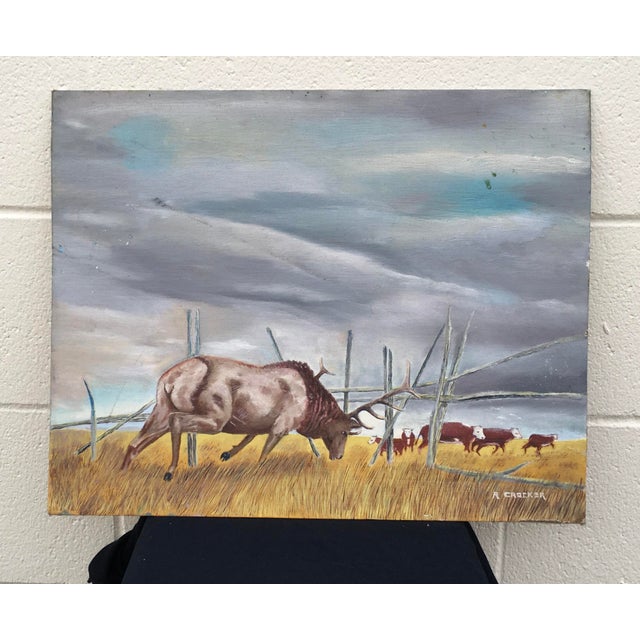 Hi, photos shown with indoor and outdoor lighting, framed, and unframed. Framed “Wyoming Elk”, vintage ranch landscape...