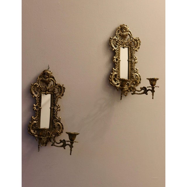 Metal Antique Brass Sconces with Mirrors, 1880, Set of 2 For Sale - Image 7 of 9