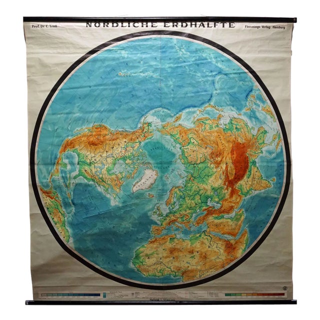 Vintage Northern Hemisphere of the Earth Rollable Map Wall Chart For Sale