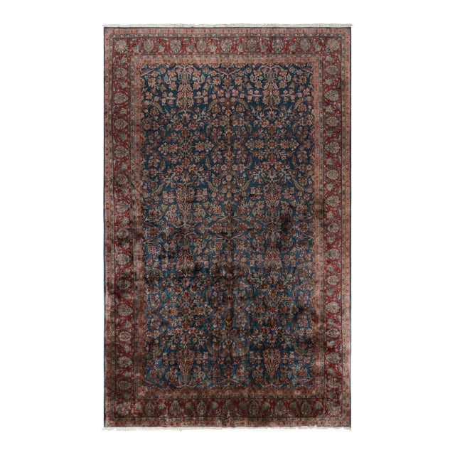 Oversized Antique Kashan Rug in Blue With Red Floral Patterns - Rug & Kilim For Sale