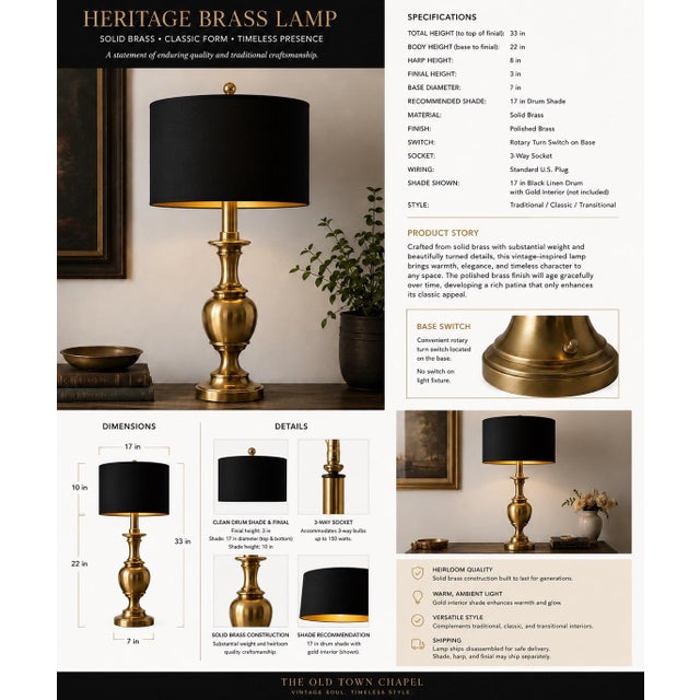 Hollywood Regency Late 20th Century Large Solid Brass Urn Table Lamp With New 17” Black & Gold Drum Shade | Classic Traditional For Sale - Image 3 of 5